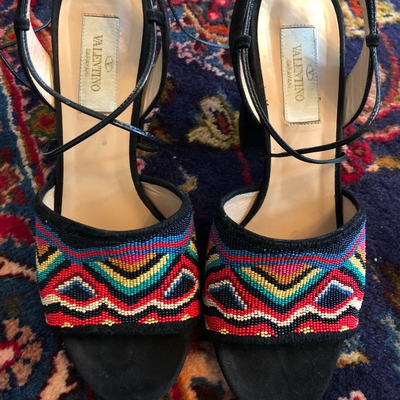 Beaded Suede 'native' Lace Up Tribal Block Sandals - Picture 4 of 7